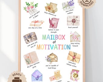 Peut inclure: Une affiche encadrée intitulée "Mailbox of Motivation" présente des illustrations à l'aquarelle d'enveloppes et d'éléments floraux. L'affiche comprend des phrases de motivation telles que "Vous avez ce qu'il faut" et "Faites confiance à vous-même."