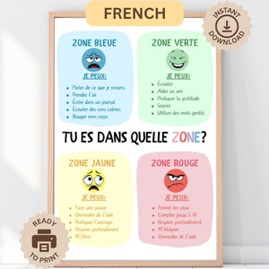 Afiche en francés sobre zonas de regulación y acción, póster educativo imprimible para la oficina, decoración del aula Montessori, espacio tranquilo, impresión para la educación en el hogar