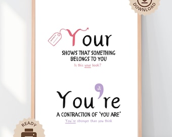 Your and You're Graphic Poster, English Classroom Decor, Educational Grammar Punctuation Wall Art, Primary Reading Language Learning Display