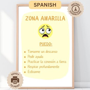 Afiche + acciones de la zona amarilla de regulación, póster educativo imprimible para la oficina, decoración boho Montessori para el aula, rincón de la calma, TDAH