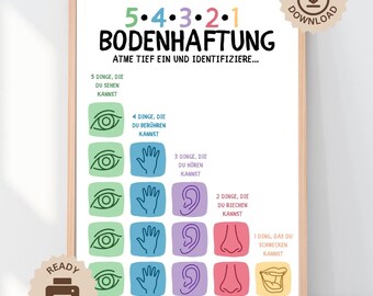 Grounding Techniques German Poster, 54321 Anxiety Management School, Counselor Office, Classroom Decor, ADHD Coping Skill, Mental Health