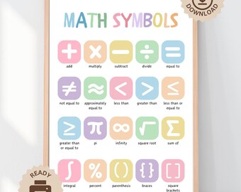 Affiche symboles mathématiques, impression d'art mural professeur de mathématiques, impression de calcul, déco de salle de classe de mathématiques, affiche d'apprentissage des mathématiques, téléchargement numérique