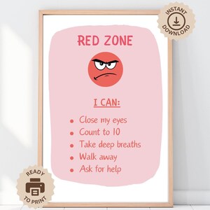 Afiche de zona roja de regulación + acciones, afiche de oficina educativo imprimible, decoración de aula boho Montessori, espacio tranquilo y silencioso, TDAH