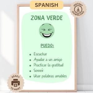 Cartel + acciones de la zona verde de regulación, cartel educativo imprimible para la oficina, decoración boho para el aula Montessori, rincón de la calma, TDAH