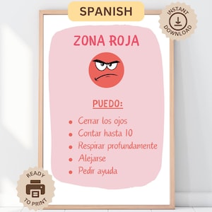 Afiche + acciones en español de la zona roja de regulación, póster educativo imprimible para la oficina, decoración boho para el aula Montessori, espacio tranquilo y silencioso para el TDAH
