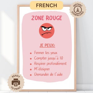 Afiche + acciones en francés sobre la zona roja de regulación, póster educativo imprimible para la oficina, decoración bohemia para el aula Montessori, espacio tranquilo y silencioso para el TDAH