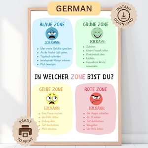 Zones of Regulation and Actions Deutsches Poster, druckbares Büro Poster, Montessori Klassenzimmer Dekor, Ruheraum, Homeschool Print