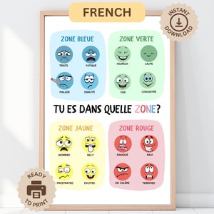 Afiche en francés sobre zonas de regulación, póster educativo imprimible para la oficina, decoración del aula Montessori, espacio tranquilo, educación en el hogar, jardín de infancia