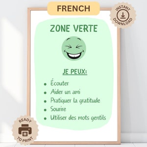 Cartel de la zona verde de regulación en francés + acciones, cartel de oficina educativo imprimible, decoración de aula boho Montessori, rincón de la calma, TDAH