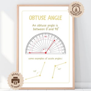 Könnte beinhalten: Druckbarer Lernposter mit gelbem Hintergrund und dem Titel "Stumpfer Winkel". Das Poster erklärt, dass ein stumpfer Winkel zwischen 0° und 90° liegt und enthält einen Winkelmesser mit einem stumpfen Winkel, der rot markiert ist. Das Poster enthält auch zwei Beispiele für stumpfe Winkel mit den Maßen 125° und 107°. Das Poster hat ein "Bereit zum Drucken"-Symbol in der linken unteren Ecke und ein "Sofort-Download"-Symbol in der rechten oberen Ecke.