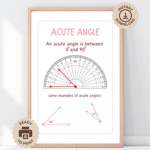Acute Angle Display Poster, Math Teacher Wall Art Print, Numeracy Print, Math Classroom Decor, Mathematical Learning Poster Digital Download