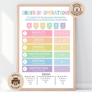 Póster de orden de operaciones de BODMAS, impresión de arte mural para profesores de matemáticas, decoración para aulas de matemáticas, póster de aprendizaje de matemáticas, descarga digital