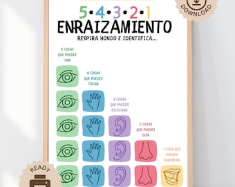 Grounding Techniques Spanish Poster, 54321 Anxiety Management School, Counselor Office, Classroom Decor, ADHD Coping Skill, Mental Health