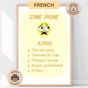Afiche + acciones de la zona amarilla de regulación, póster educativo imprimible para la oficina, decoración bohemia para el aula Montessori, rincón de la calma, TDAH
