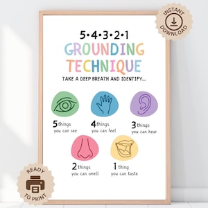 Grounding Technique Poster, Therapy Office Counselor Decor, Growth Mindset, Self Care, CBT Print, Classroom Mental Health, Calm Down Corner