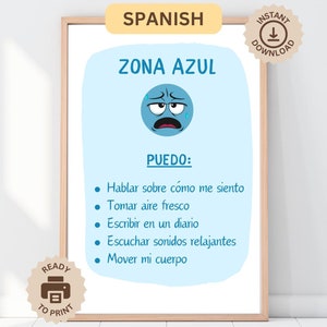 Afiche + acciones en español de la zona azul de regulación, póster educativo imprimible para la oficina, decoración del aula Montessori, espacio tranquilo y silencioso para el TDAH