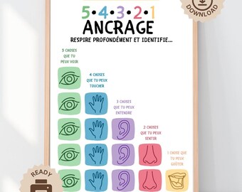 Grounding Techniques French Poster, 54321 Anxiety Management School, Counselor Office, Classroom Decor, ADHD Coping Skill, Mental Health