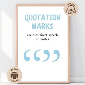 May include: Printable poster with the text "Quotation Marks" and the definition "encloses direct speech or quotes". The poster features large blue quotation marks.