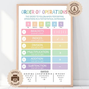 Póster de orden de operaciones de BIDMAS, impresión de arte mural para profesores de matemáticas, decoración para aulas de matemáticas, póster de aprendizaje de matemáticas, descarga digital