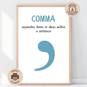 Pode incluir: Póster imprimível com uma vírgula de pontuação azul e o texto "COMMA separa itens ou ideias dentro de uma frase". O pôster é emoldurado em uma moldura de madeira clara e tem um rótulo "READY TO PRINT" no canto inferior esquerdo e um rótulo "INSTANT DOWNLOAD" no canto superior direito.