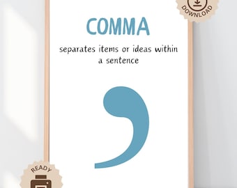 Comma Punctuation Poster, English Classroom Decor Print, Educational Grammar Punctuation Wall Art KS1 KS2 Primary Reading, Language Learning