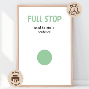 Puede incluir: Arte de pared imprimible con un círculo verde y el texto "FULL STOP used to end a sentence".