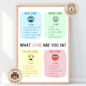 Zones of Regulation Poster + Aktionen, druckbares Büro Poster, Boho Montessori Klassenzimmer Dekor, ruhiger ruhiger Raum, ADHS Bewältigung