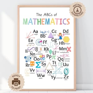 Das ABC der Mathematik Poster, Mathe Lehrer Wand Kunst Druck, Mathe Klassenzimmer Dekor, Grundschule Sekundarschule, Statistik Algebra Wand Druck