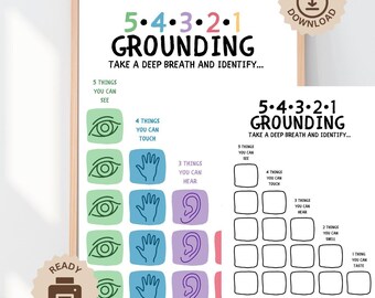Grounding Techniques Poster + Worksheet, 54321 Anxiety Management School, Counselor Office, Classroom Decor, ADHD Coping Skill Mental Health