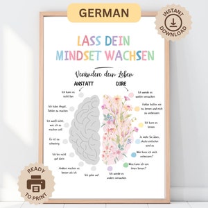 Póster de mentalidad de crecimiento en alemán, póster educativo imprimible para la oficina, Lass Dein Mindset Machsen, decoración del aula, consejero escolar de Calm Corner