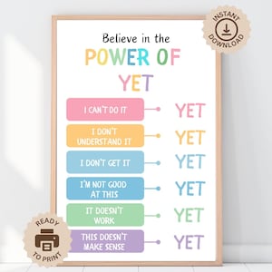 The Power Of Yet Growth Mindset Poster, Printable Educational Classroom Wall Art, Office Decor School Counselling Mental Health Anxiety ADHD