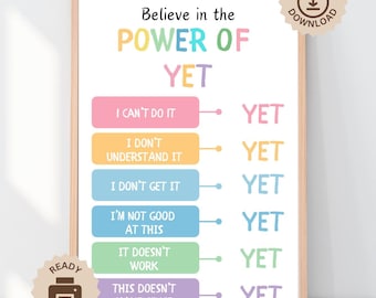 The Power Of Yet Growth Mindset Poster, Printable Educational Classroom Wall Art, Office Decor School Counselling Mental Health Anxiety ADHD