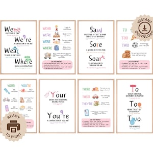 Può includere: Un set di otto poster didattici con bordo beige, ognuno dei quali illustra gli omofoni con grafica e testo colorati. I poster riguardano parole come "wear", "where", "to", "too" e "your". Include le etichette "Pronto per la stampa" e "Download istantaneo".