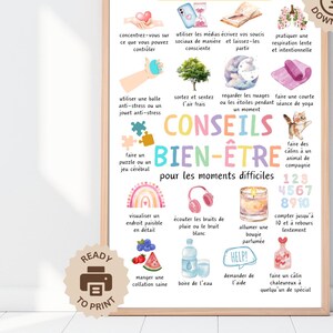 Franse poster wellnesstips, therapiekantoorinrichting, positieve affirmaties, angstverlichting, schoolpsychologie, CGT ADHD coping-vaardigheden afdrukken