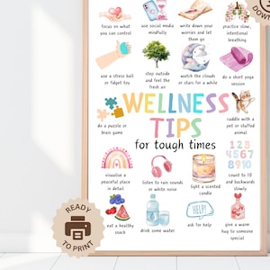 Poster Wellnesstips voor moeilijke tijden, decor therapiekantoor, positieve affirmaties, angstverlichting, schoolpsychologie, CGT ADHD copingvaardigheden