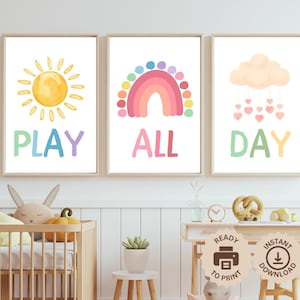 Set of 3 Play All Day Printable, Lets Play Sign, Nursery Wall Art, Playroom Sign, Montessori Kids Wall Decor, Kids Pastel Playroom Decor