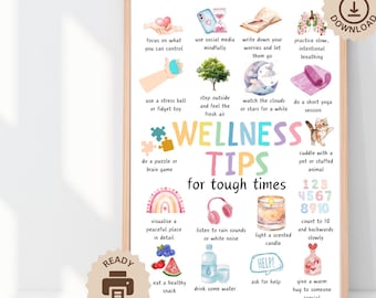 May include: A printable poster with wellness tips for tough times. The poster features colorful illustrations of various activities, such as taking a walk, listening to music, and meditating. The text on the poster includes phrases like "focus on what you can control", "step outside and feel the fresh air", and "cuddle with a pet or stuffed animal".