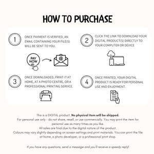 May include: White graphic with the text "HOW TO PURCHASE" and numbered steps for digital product download and use. Includes icons for email, computer, printer, and a hand clicking "PAY NOW".