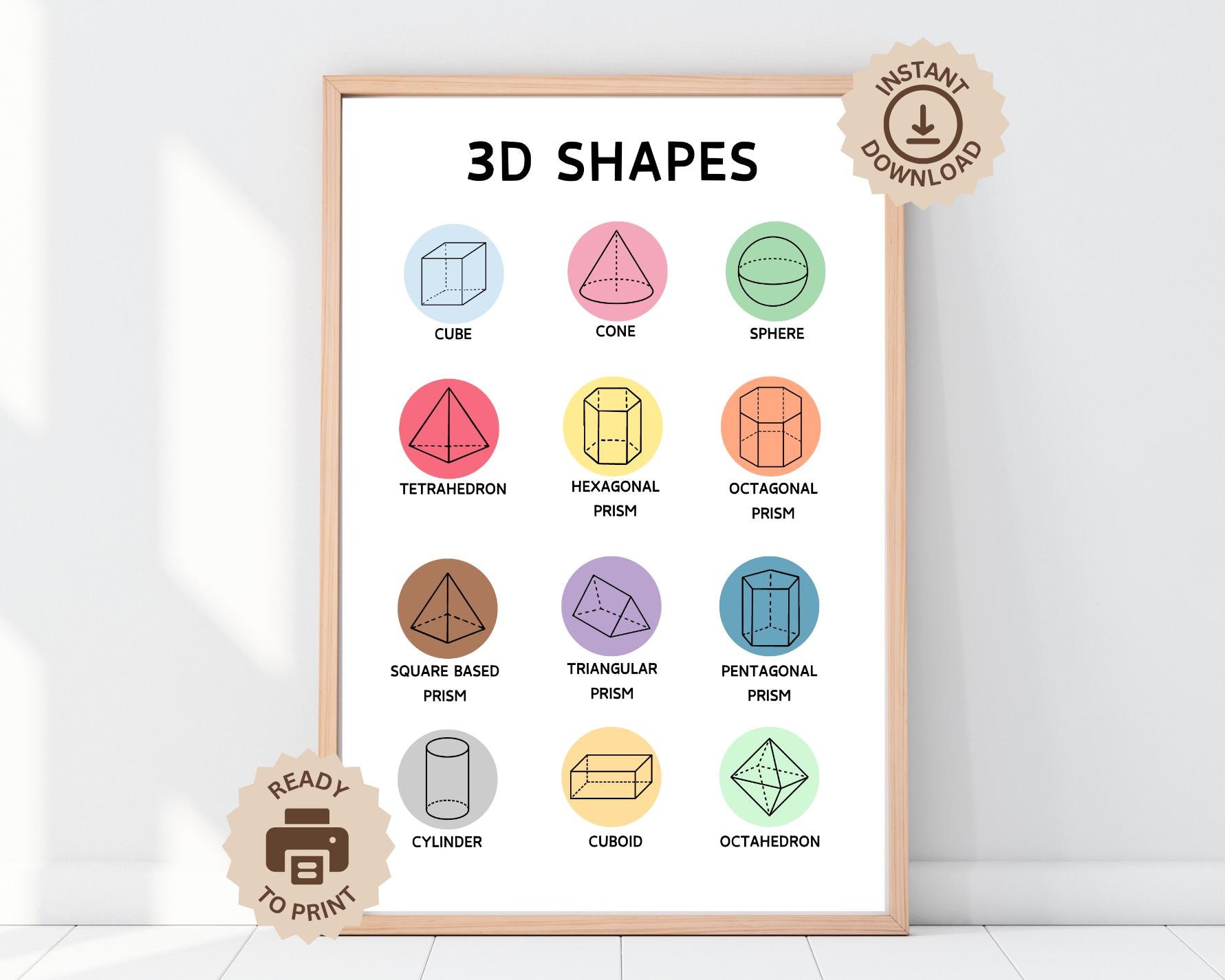 3D Shapes Poster Rainbow, Printable Educational Playroom Posters, Boho ...