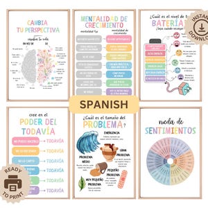 Set of 6 Spanish Growth Mindset Posters, Feelings Wheel, Power of Yet, Printable Educational Playroom Posters School Counselor Mental Health