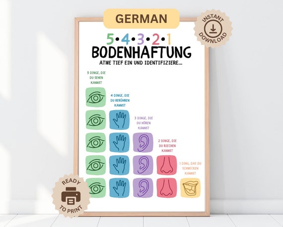 Grounding Techniques German Poster, 54321 Anxiety Management School, Counselor Office, Classroom Decor, ADHD Coping Skill, Mental Health