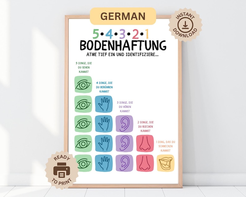 May include: A framed print with the German text "BODENHAFTUNG" and instructions for identifying things you can see, touch, hear, smell, and taste. The print features colorful illustrations of eyes, hands, ears, noses, and a mouth.