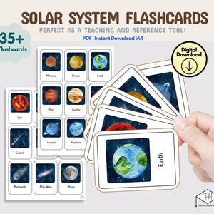 Pacote de aprendizagem de cartões flash para crianças do sistema solar - materiais Montessori, impressões educacionais, cartões flash para crianças, atividades de correspondência, planetas