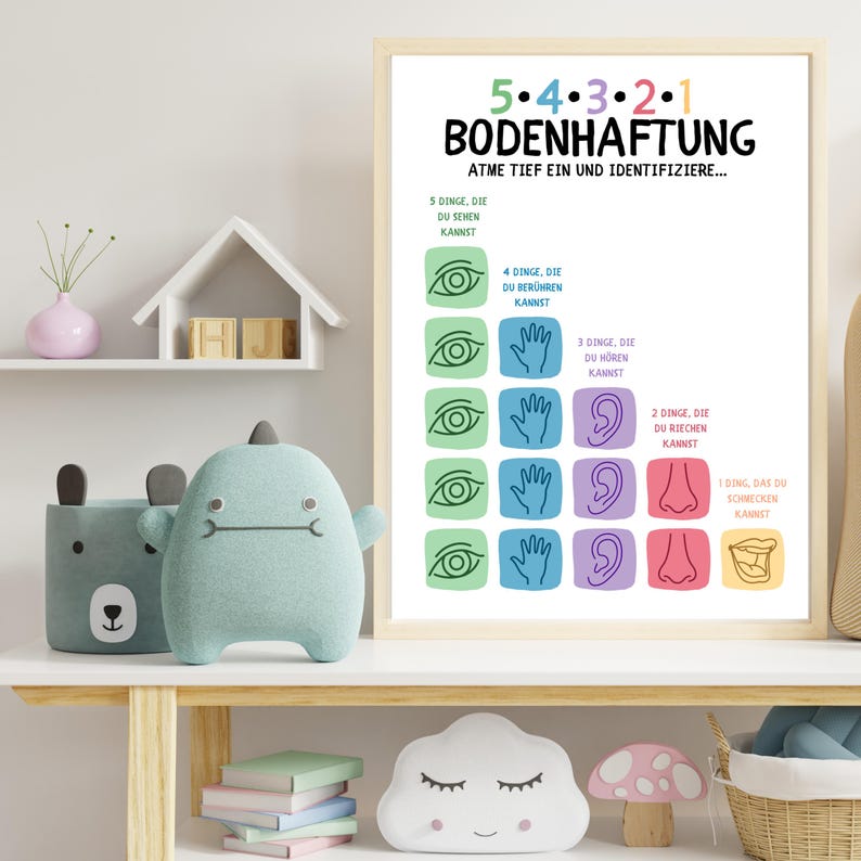 May include: A framed print with the German text "5&bull;4&bull;3&bull;2&bull;1 BODENHAFTUNG" and instructions for identifying surroundings using the senses. The print is displayed on a white shelf with plush toys and decorative items.