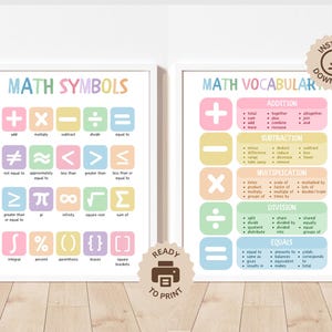 Juego de 2 carteles con símbolos matemáticos, vocabulario matemático, arte mural para profesores de matemáticas, impresiones de aritmética, decoración para aulas de matemáticas, matemáticas, descarga digital