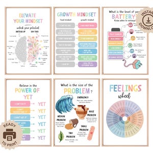 Set mit 6 Wachstums-Mindset-Postern, Gefühlsrad, The Power of Yet, druckbare Lernspielzimmerposter, Schulberatung, psychische Gesundheit