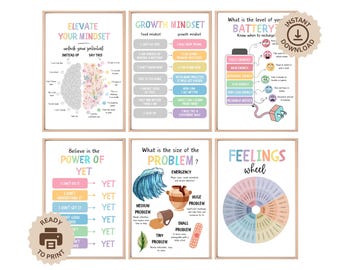Set of 6 Growth Mindset Posters, Feelings Wheel, The Power of Yet, Printable Educational Playroom Posters, School Counselling, Mental Health