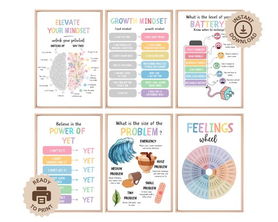 Set of 6 Growth Mindset Posters, Feelings Wheel, The Power of Yet, Printable Educational Playroom Posters, School Counselling, Mental Health