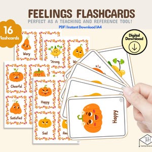 Schede didattiche di emozioni e sentimenti di zucca, poster stampabili di Halloween autunnali, decorazioni per aule Montessori boho, spazio calmo, istruzione parentale