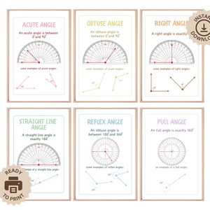 May include: Six printable posters with colourful borders and illustrations of different types of angles. The posters include acute, obtuse, right, straight line, reflex, and full angles. Each poster includes a definition of the angle and examples.